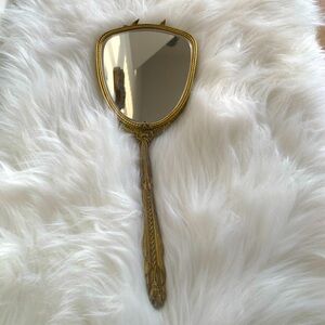 Elegant  Antique Art Deco Ornate Gold Toned Metal Handheld Mirror with Birds